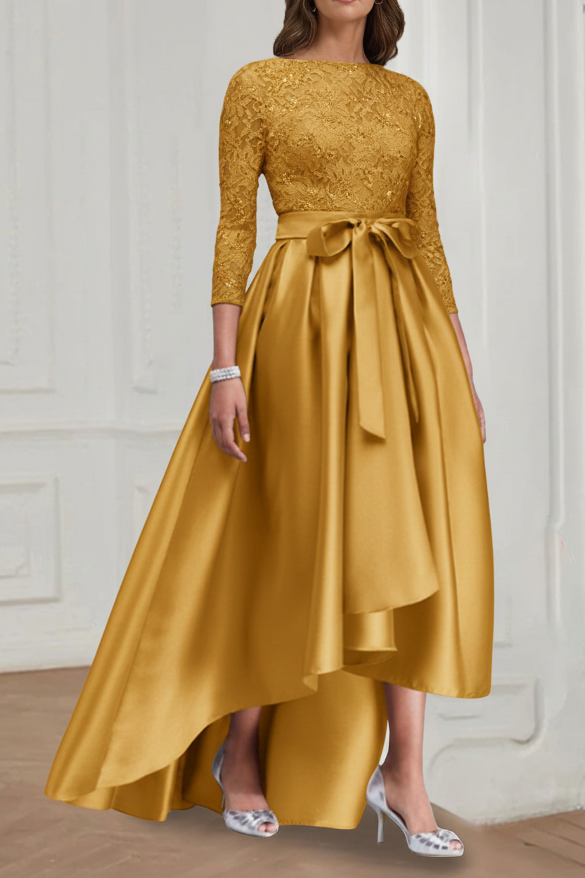 A Line/Princess Jewel Neck 3/4 Length Sleeves Asymmetrical Plus Size Mother of the Bride Dresses with Bowknot
