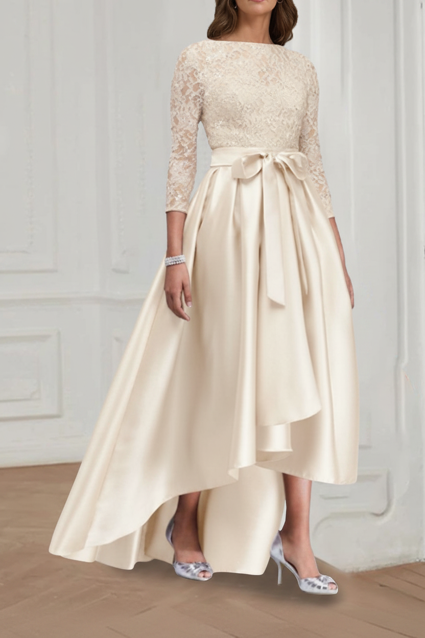 A Line/Princess Jewel Neck 3/4 Length Sleeves Asymmetrical Plus Size Mother of the Bride Dresses with Bowknot
