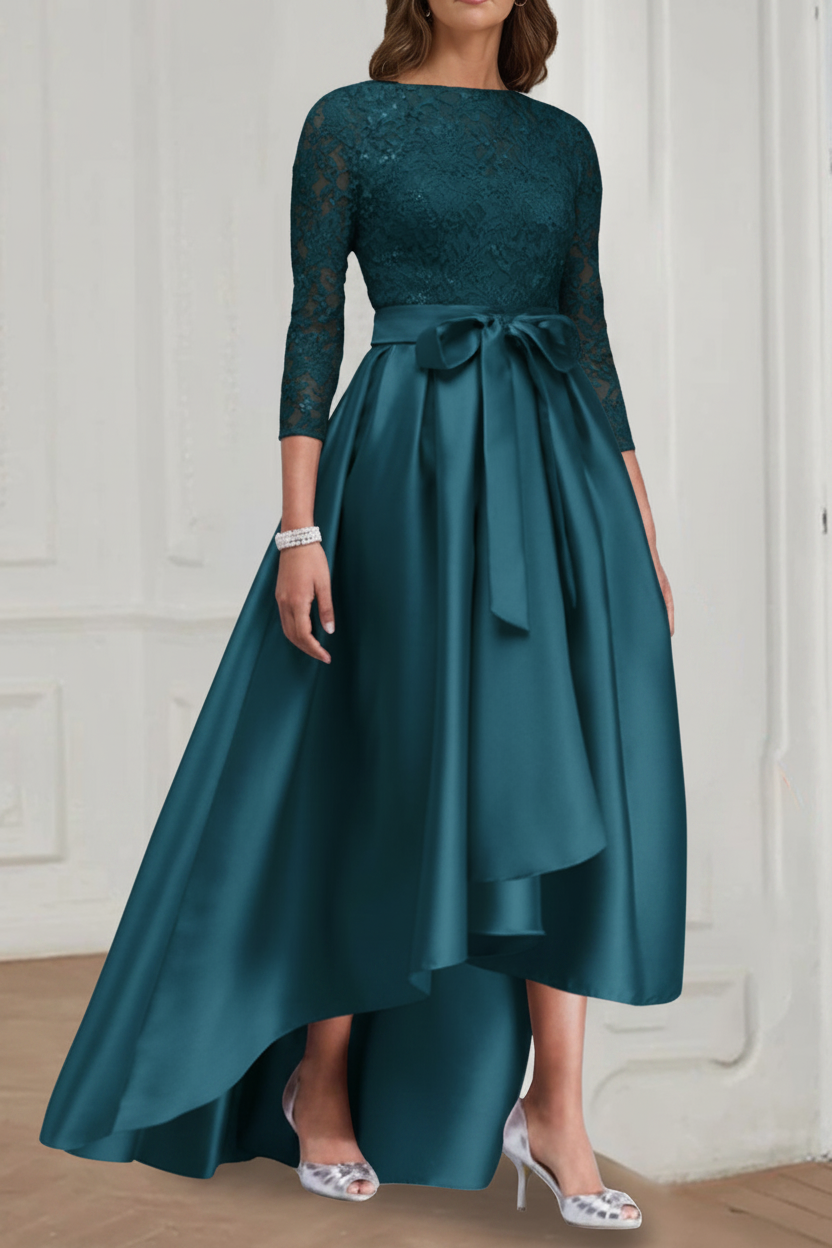 A Line/Princess Jewel Neck 3/4 Length Sleeves Asymmetrical Plus Size Mother of the Bride Dresses with Bowknot