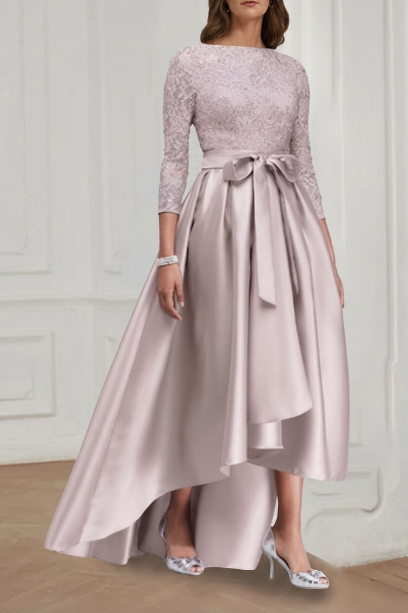 A Line/Princess Jewel Neck 3/4 Length Sleeves Asymmetrical Plus Size Mother of the Bride Dresses with Bowknot