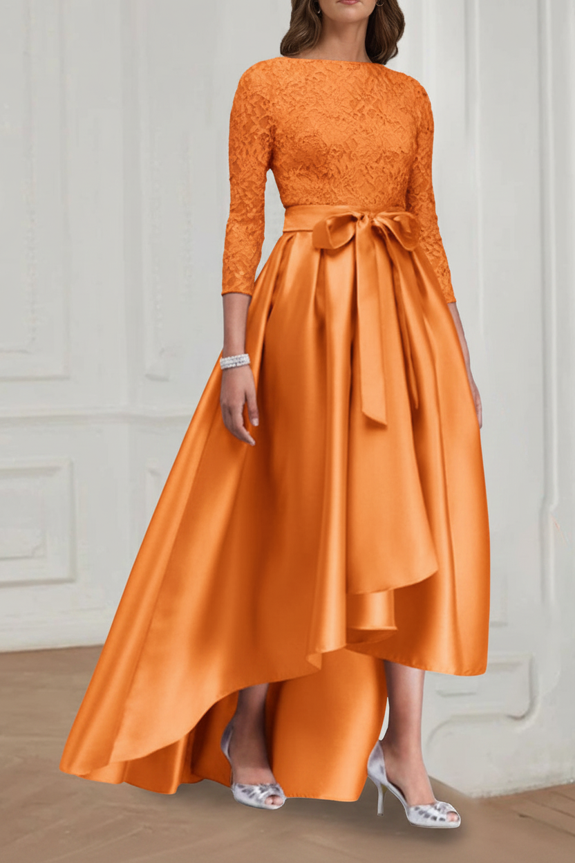 A Line/Princess Jewel Neck 3/4 Length Sleeves Asymmetrical Plus Size Mother of the Bride Dresses with Bowknot