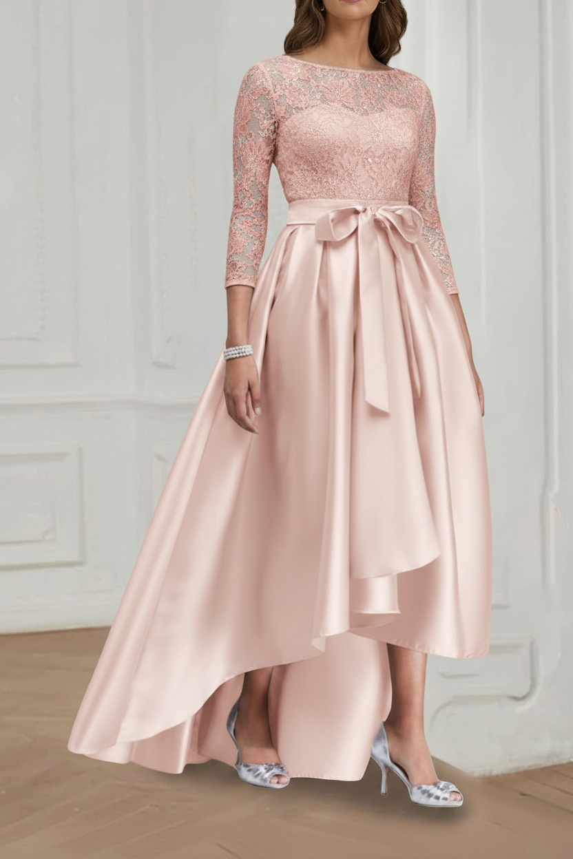 A Line/Princess Jewel Neck 3/4 Length Sleeves Asymmetrical Plus Size Mother of the Bride Dresses with Bowknot