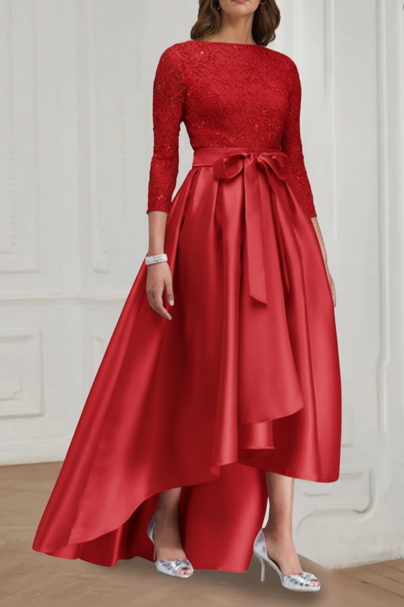 A Line/Princess Jewel Neck 3/4 Length Sleeves Asymmetrical Plus Size Mother of the Bride Dresses with Bowknot
