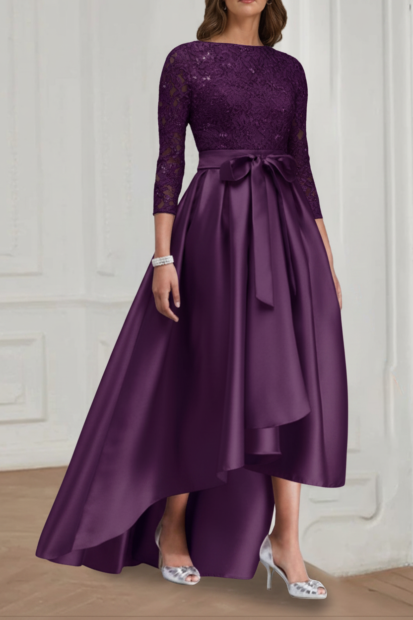 A Line/Princess Jewel Neck 3/4 Length Sleeves Asymmetrical Plus Size Mother of the Bride Dresses with Bowknot