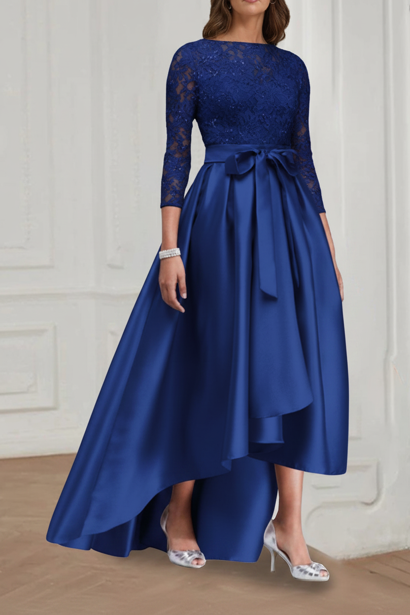 A Line/Princess Jewel Neck 3/4 Length Sleeves Asymmetrical Plus Size Mother of the Bride Dresses with Bowknot