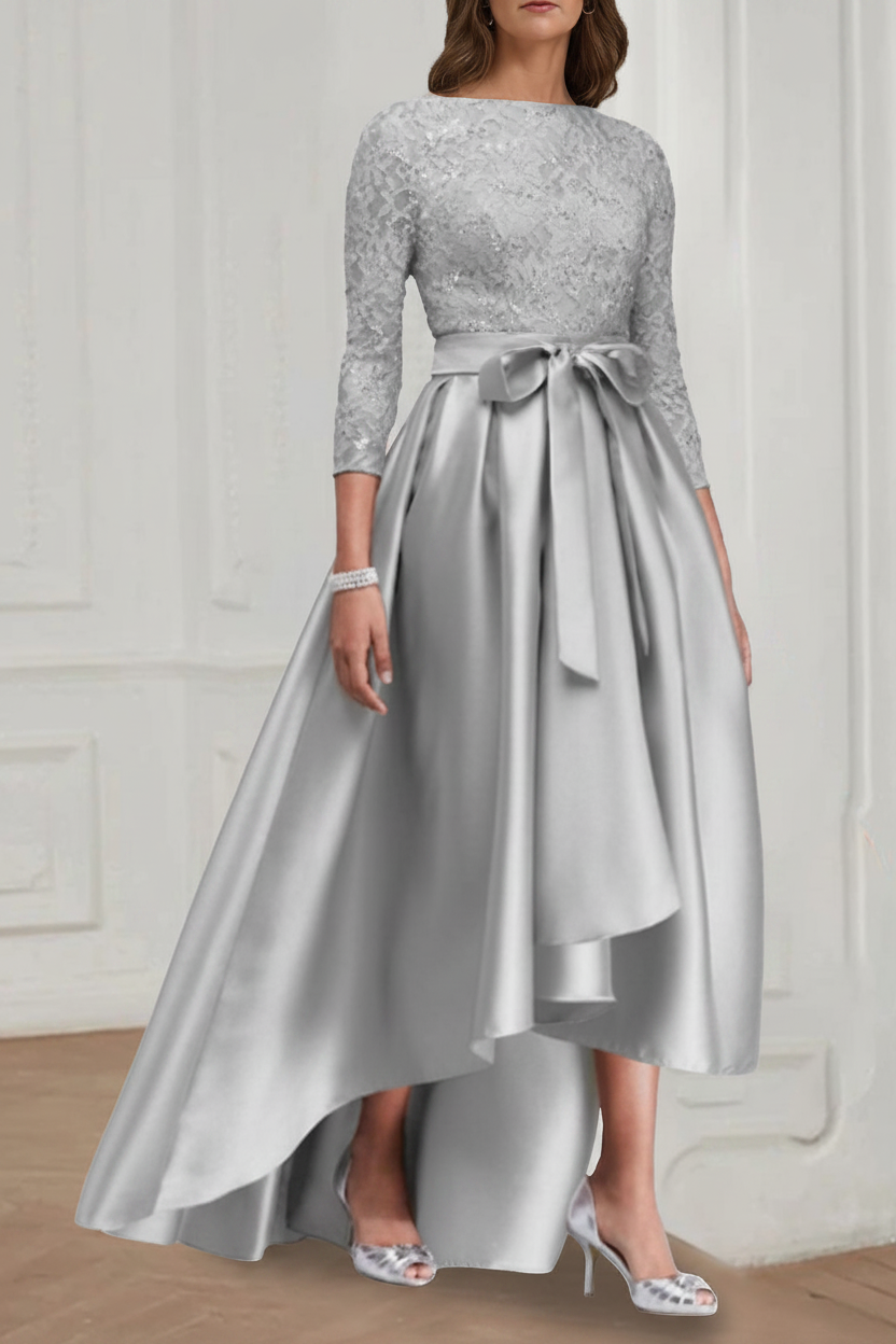 A Line/Princess Jewel Neck 3/4 Length Sleeves Asymmetrical Plus Size Mother of the Bride Dresses with Bowknot