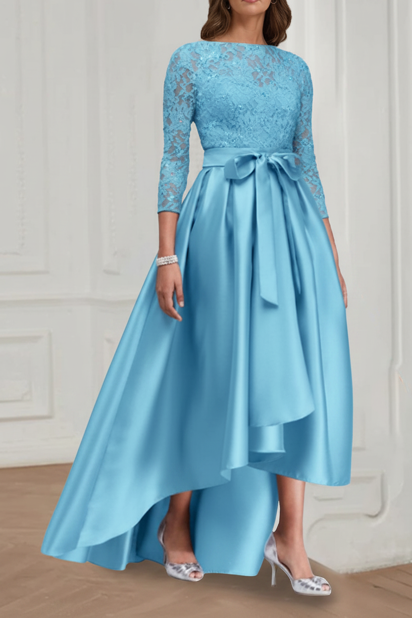 A Line/Princess Jewel Neck 3/4 Length Sleeves Asymmetrical Plus Size Mother of the Bride Dresses with Bowknot