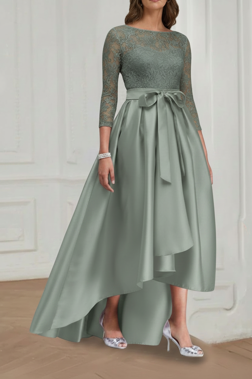 A Line/Princess Jewel Neck 3/4 Length Sleeves Asymmetrical Plus Size Mother of the Bride Dresses with Bowknot