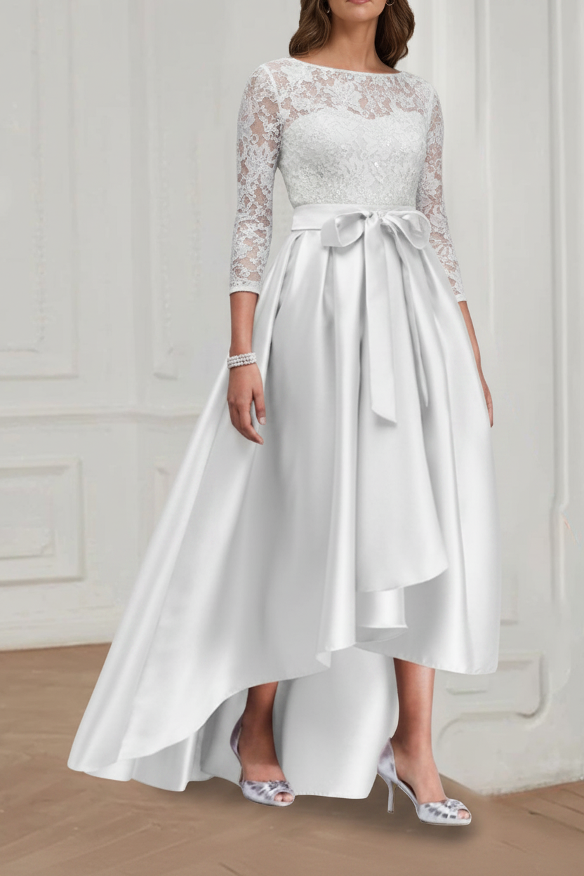 A Line/Princess Jewel Neck 3/4 Length Sleeves Asymmetrical Plus Size Mother of the Bride Dresses with Bowknot