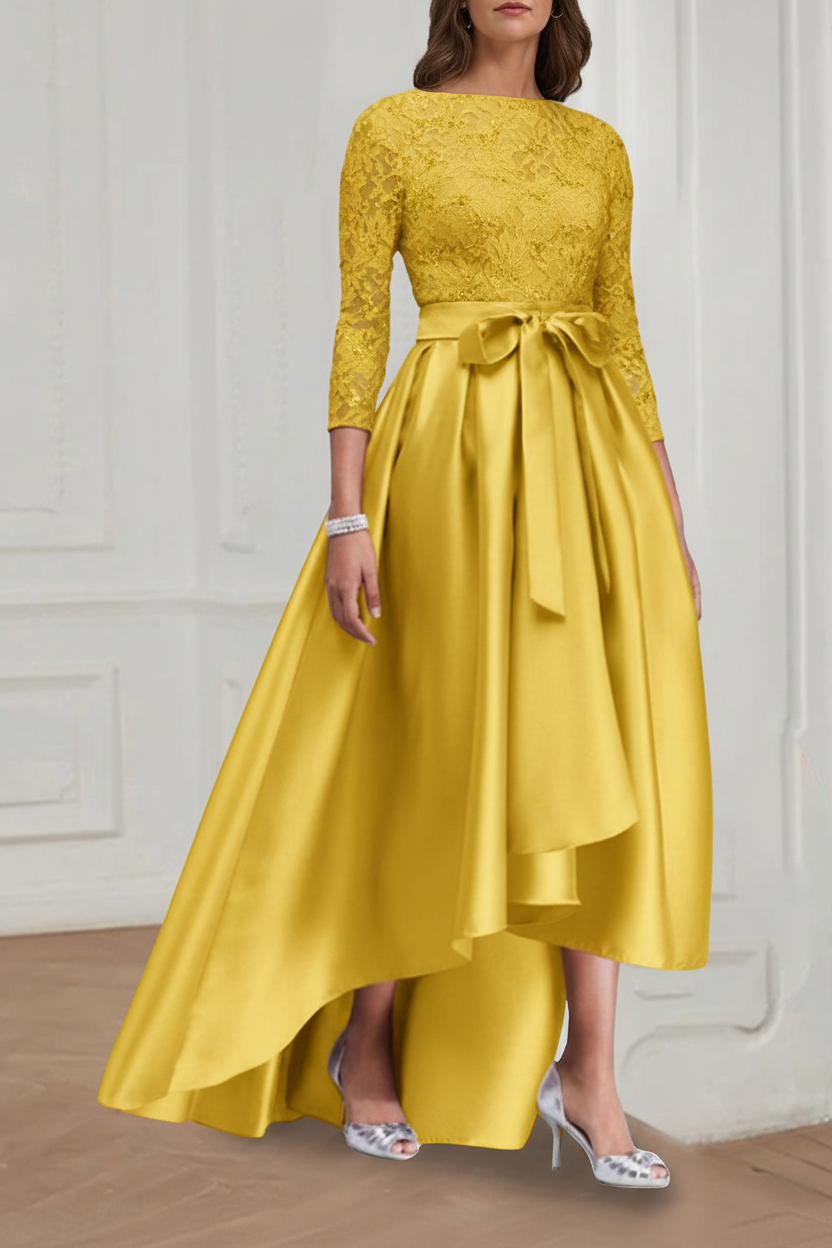 A Line/Princess Jewel Neck 3/4 Length Sleeves Asymmetrical Plus Size Mother of the Bride Dresses with Bowknot