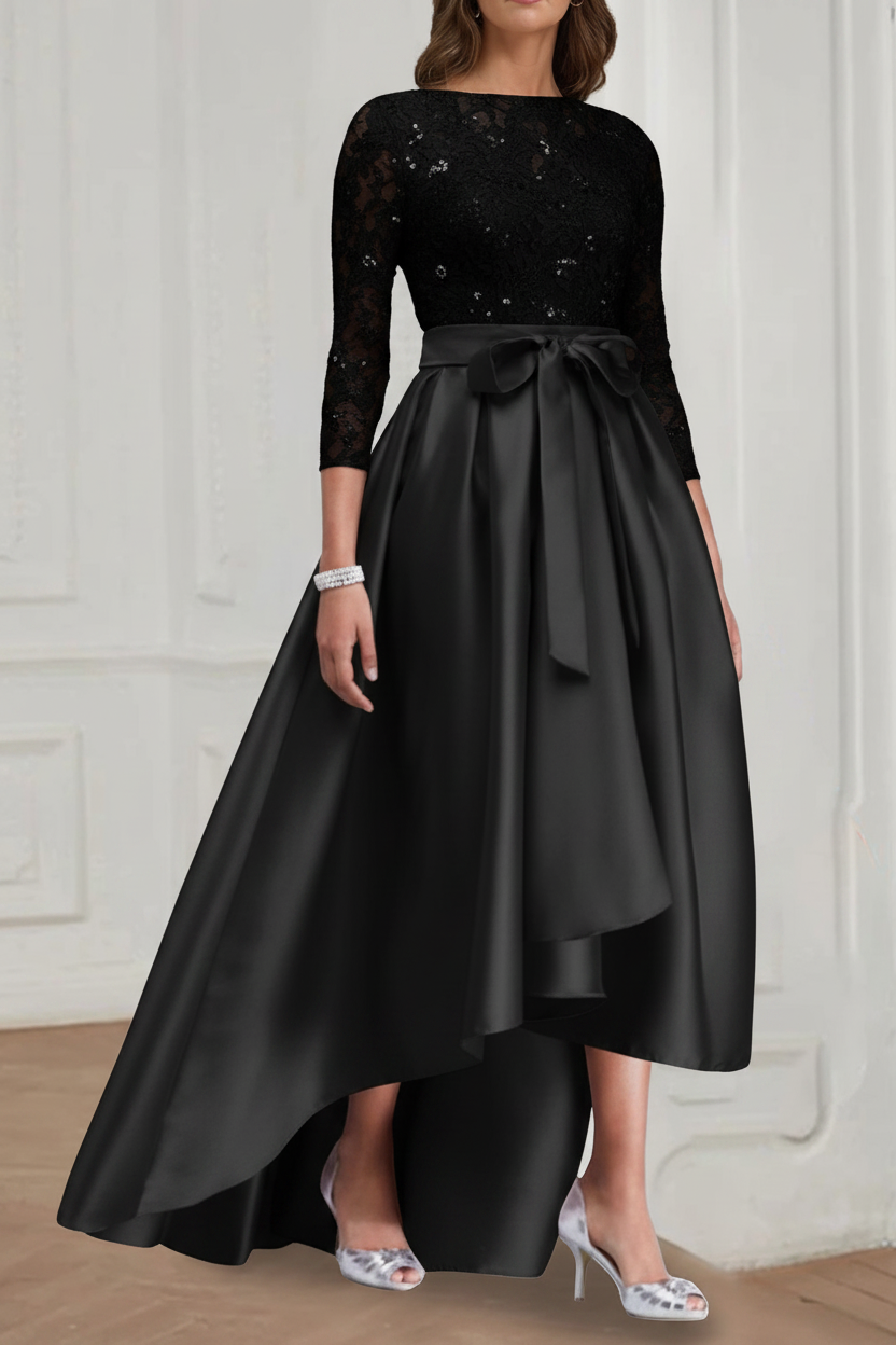 A Line/Princess Jewel Neck 3/4 Length Sleeves Asymmetrical Plus Size Mother of the Bride Dresses with Bowknot