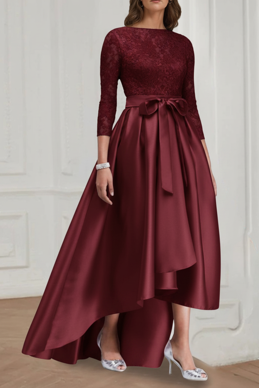 A Line/Princess Jewel Neck 3/4 Length Sleeves Asymmetrical Plus Size Mother of the Bride Dresses with Bowknot