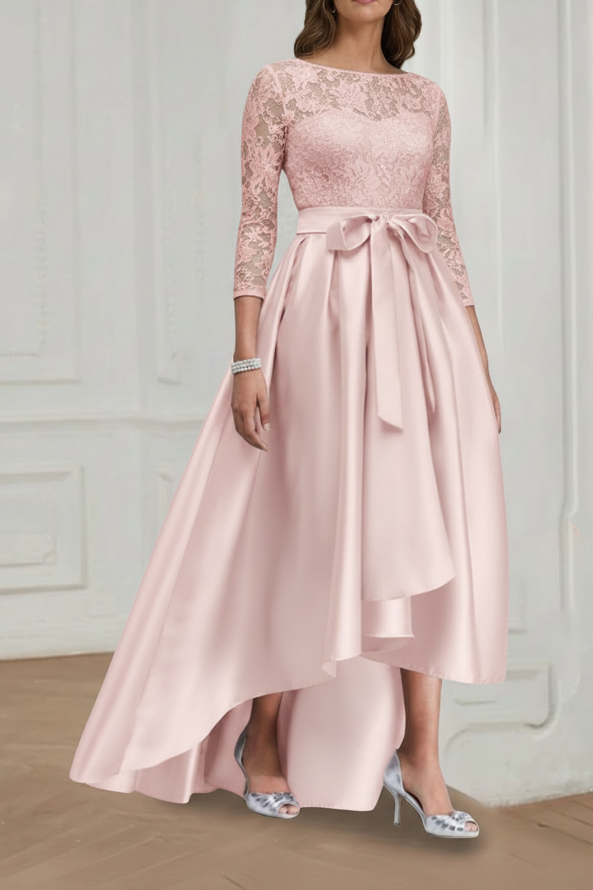 A Line/Princess Jewel Neck 3/4 Length Sleeves Asymmetrical Plus Size Mother of the Bride Dresses with Bowknot