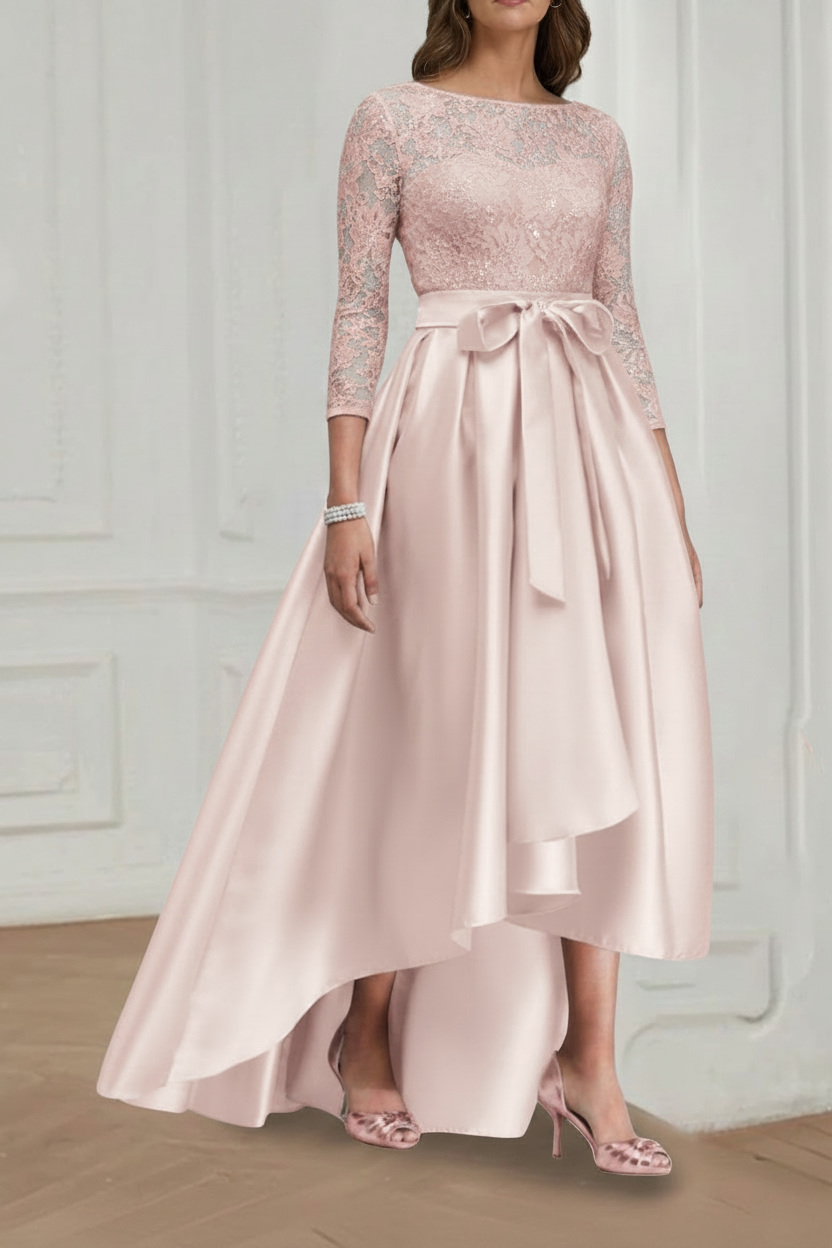A Line/Princess Jewel Neck 3/4 Length Sleeves Asymmetrical Plus Size Mother of the Bride Dresses with Bowknot