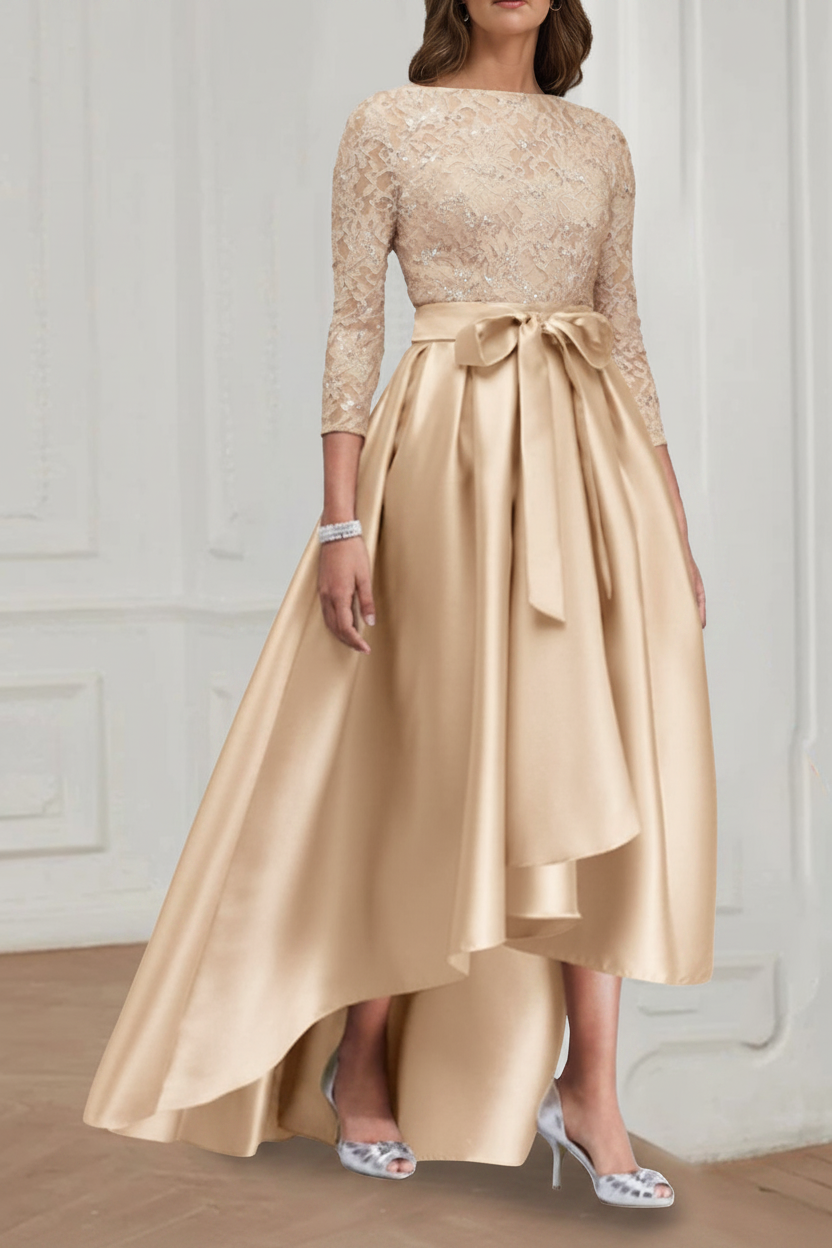 A Line/Princess Jewel Neck 3/4 Length Sleeves Asymmetrical Plus Size Mother of the Bride Dresses with Bowknot