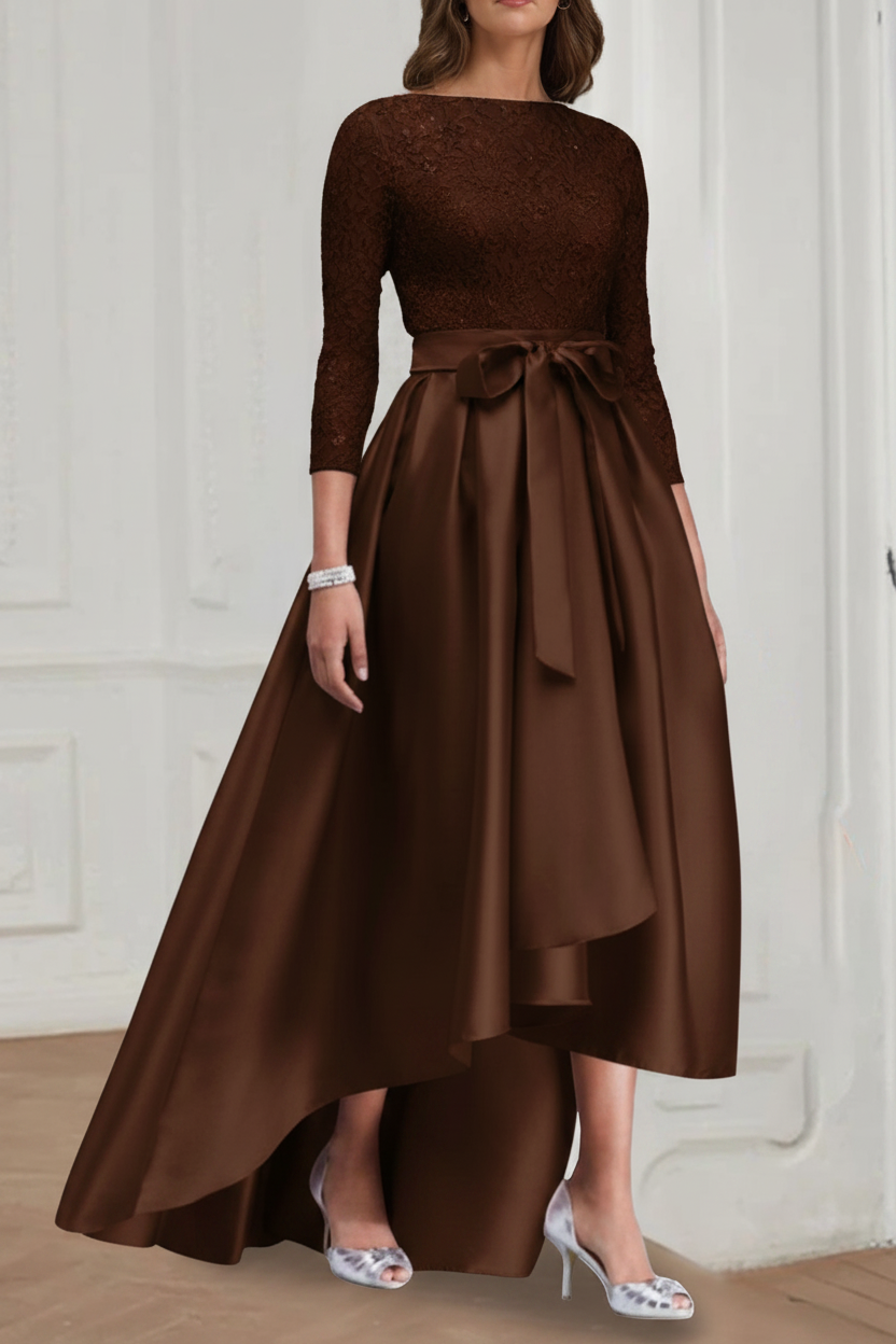 A Line/Princess Jewel Neck 3/4 Length Sleeves Asymmetrical Plus Size Mother of the Bride Dresses with Bowknot