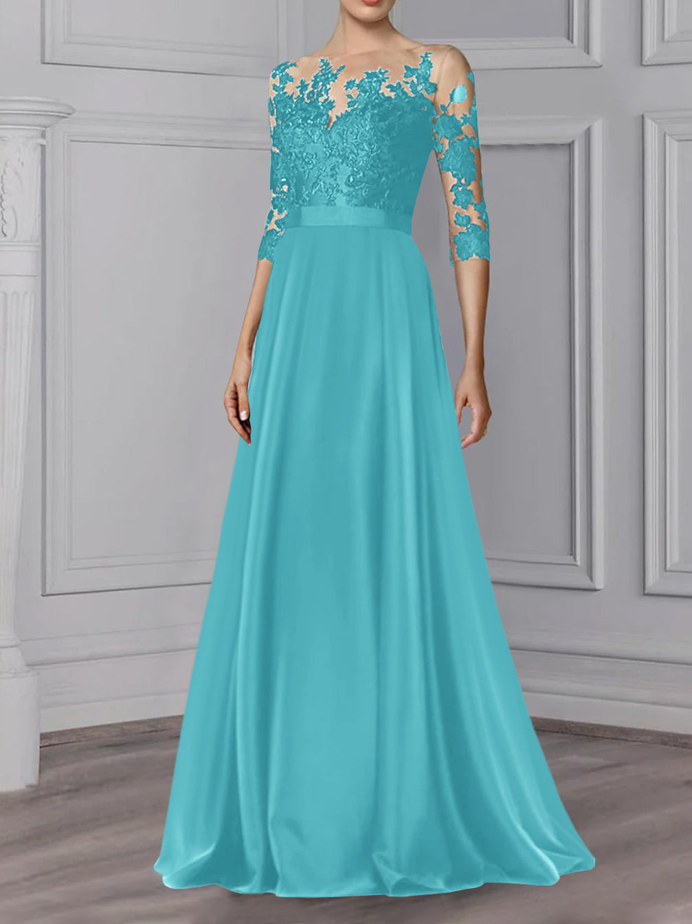A-Line/Princess Jewel Neck 3/4 Length Sleeves Floor-Length Mother of the Bride Dresses