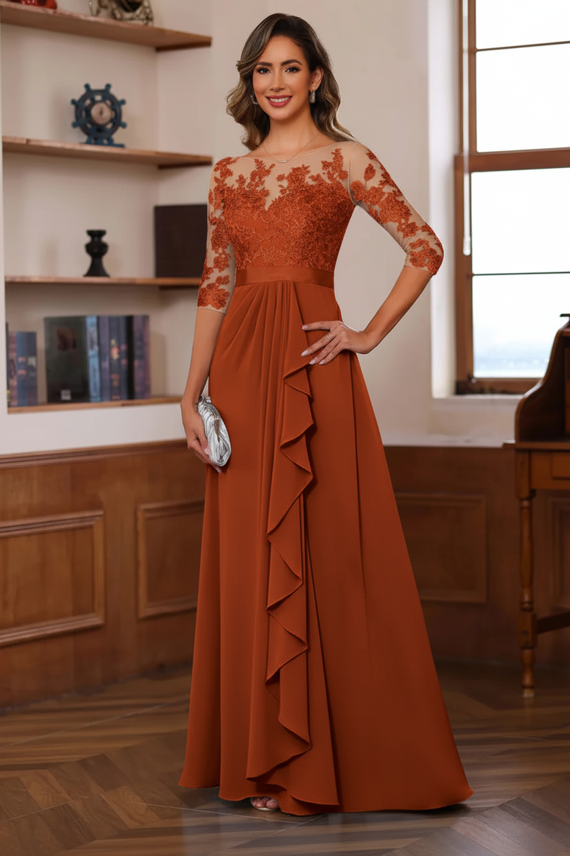 A-Line/Princess Jewel Neck 3/4 Sleeves Floor-Length Pleated Mother of the Bride Dresses with Ruffles & Appliques & Sash