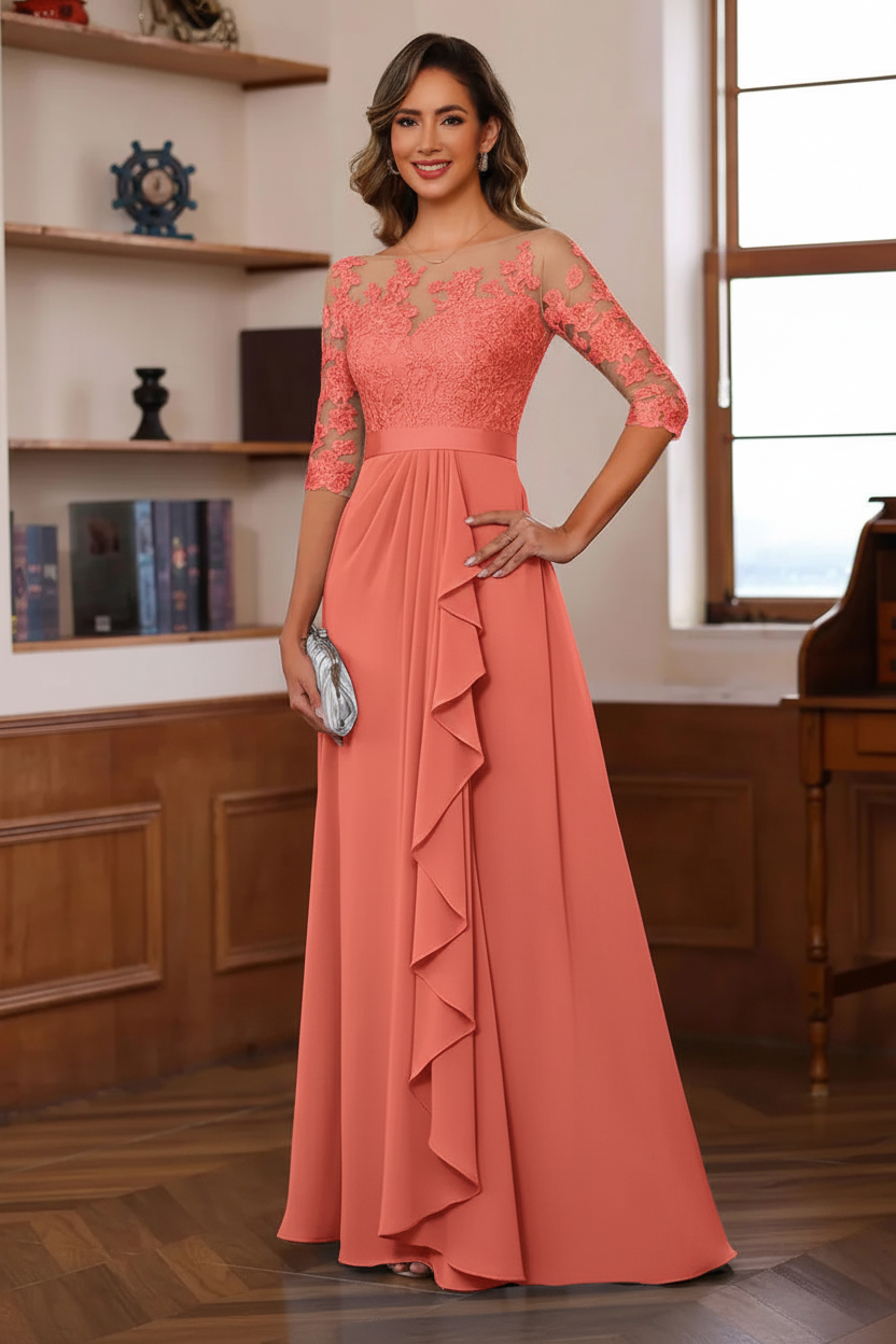 A-Line/Princess Jewel Neck 3/4 Sleeves Floor-Length Pleated Mother of the Bride Dresses with Ruffles & Appliques & Sash