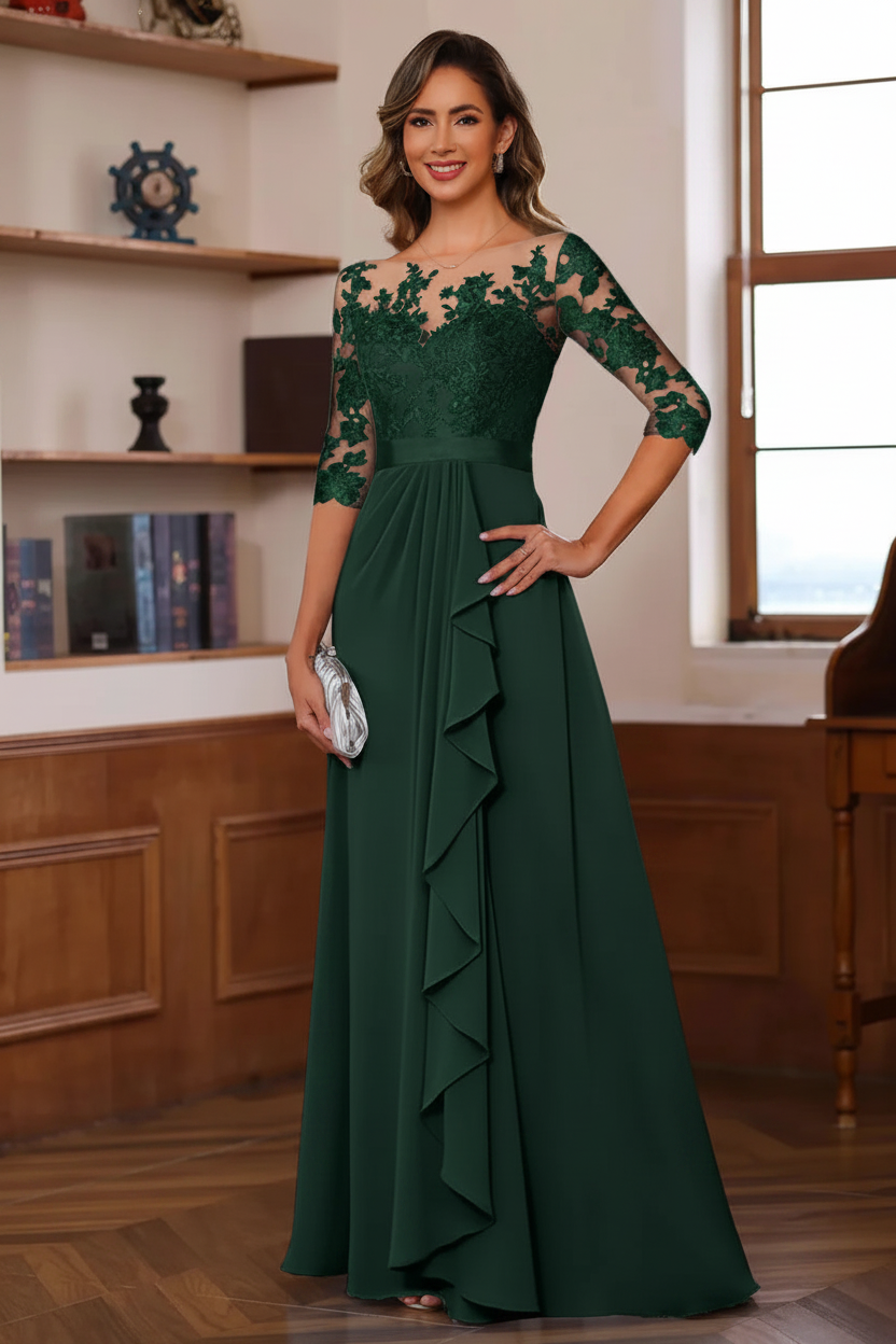 A-Line/Princess Jewel Neck 3/4 Sleeves Floor-Length Pleated Mother of the Bride Dresses with Ruffles & Appliques & Sash
