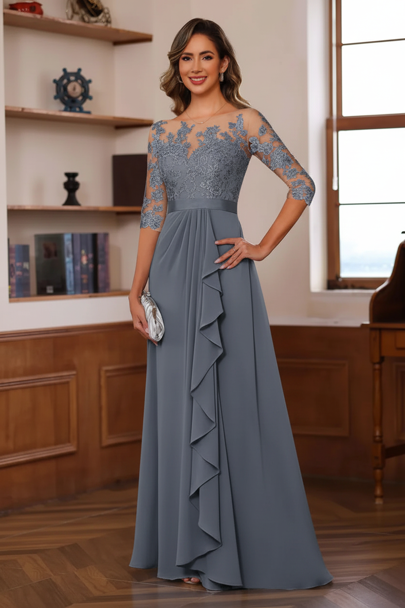 A-Line/Princess Jewel Neck 3/4 Sleeves Floor-Length Pleated Mother of the Bride Dresses with Ruffles & Appliques & Sash