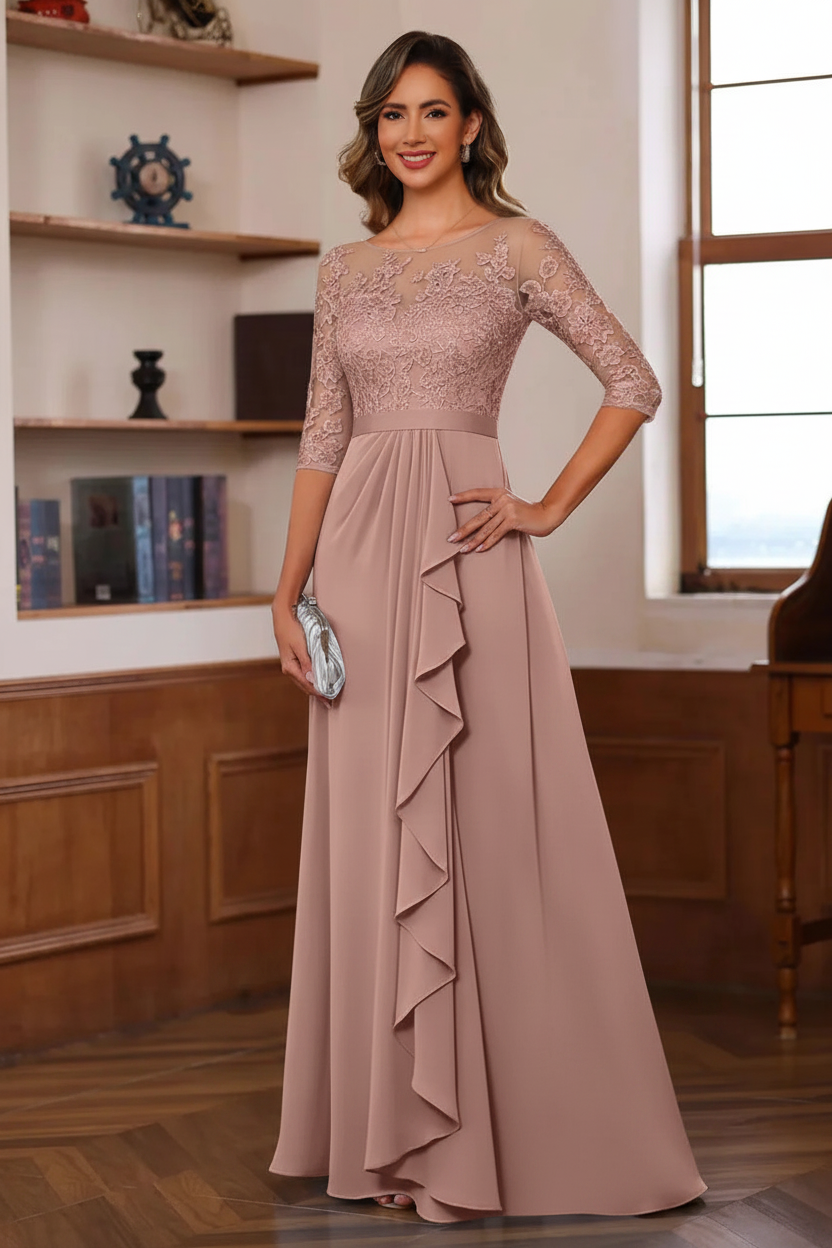 A-Line/Princess Jewel Neck 3/4 Sleeves Floor-Length Pleated Mother of the Bride Dresses with Ruffles & Appliques & Sash