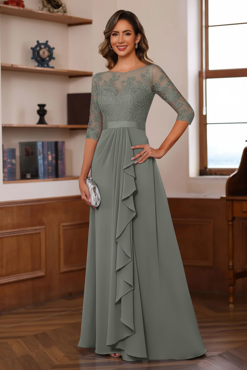 A-Line/Princess Jewel Neck 3/4 Sleeves Floor-Length Pleated Mother of the Bride Dresses with Ruffles & Appliques & Sash