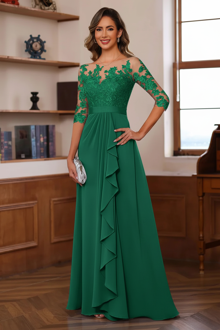 A-Line/Princess Jewel Neck 3/4 Sleeves Floor-Length Pleated Mother of the Bride Dresses with Ruffles & Appliques & Sash