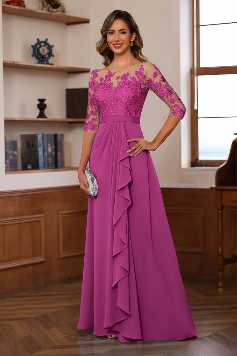 A-Line/Princess Jewel Neck 3/4 Sleeves Floor-Length Pleated Mother of the Bride Dresses with Ruffles & Appliques & Sash