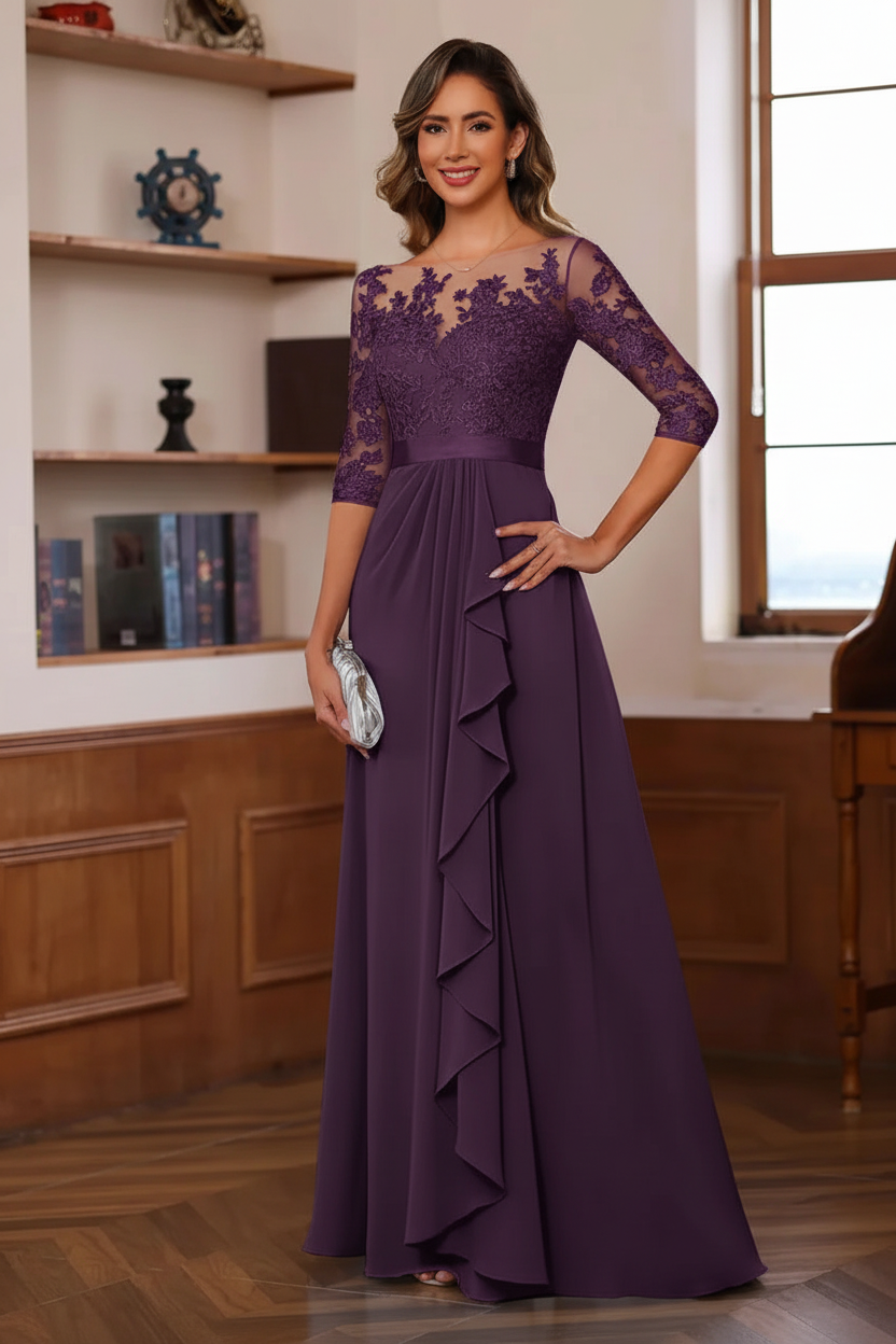 A-Line/Princess Jewel Neck 3/4 Sleeves Floor-Length Pleated Mother of the Bride Dresses with Ruffles & Appliques & Sash