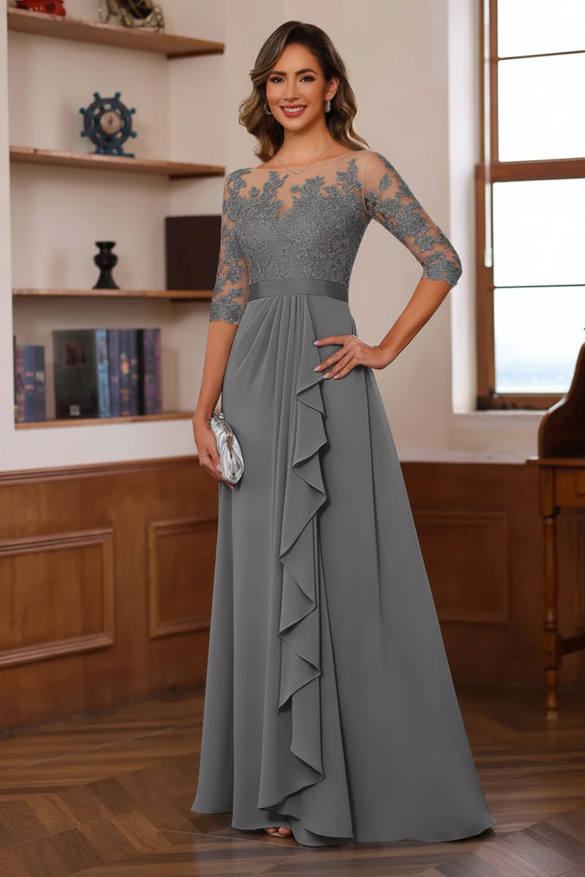 A-Line/Princess Jewel Neck 3/4 Sleeves Floor-Length Pleated Mother of the Bride Dresses with Ruffles & Appliques & Sash