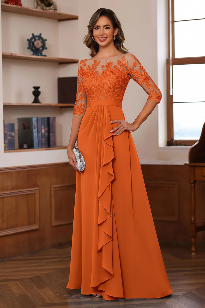 A-Line/Princess Jewel Neck 3/4 Sleeves Floor-Length Pleated Mother of the Bride Dresses with Ruffles & Appliques & Sash