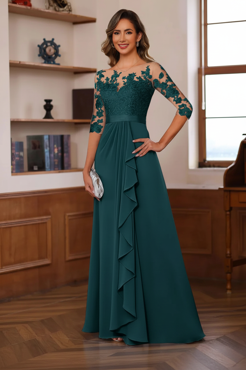A-Line/Princess Jewel Neck 3/4 Sleeves Floor-Length Pleated Mother of the Bride Dresses with Ruffles & Appliques & Sash