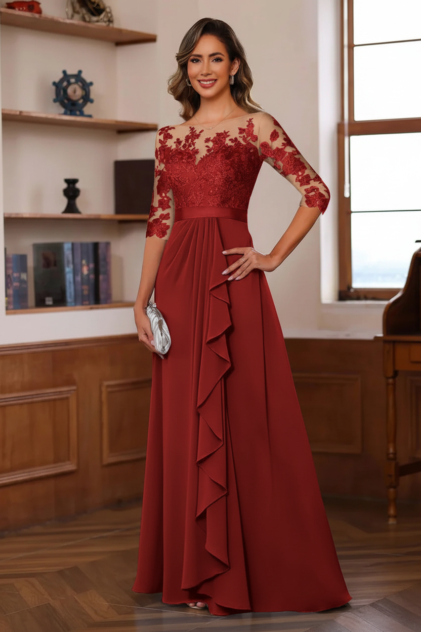 A-Line/Princess Jewel Neck 3/4 Sleeves Floor-Length Pleated Mother of the Bride Dresses with Ruffles & Appliques & Sash