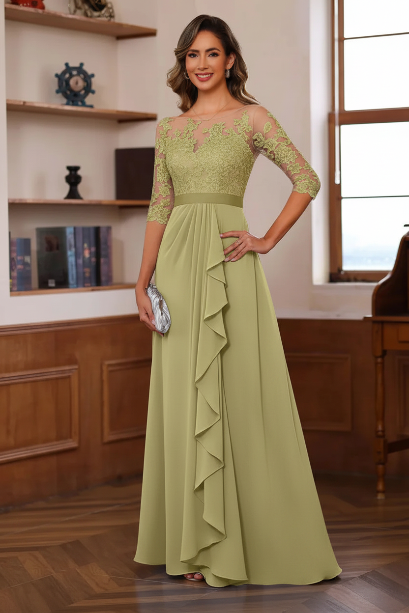 A-Line/Princess Jewel Neck 3/4 Sleeves Floor-Length Pleated Mother of the Bride Dresses with Ruffles & Appliques & Sash