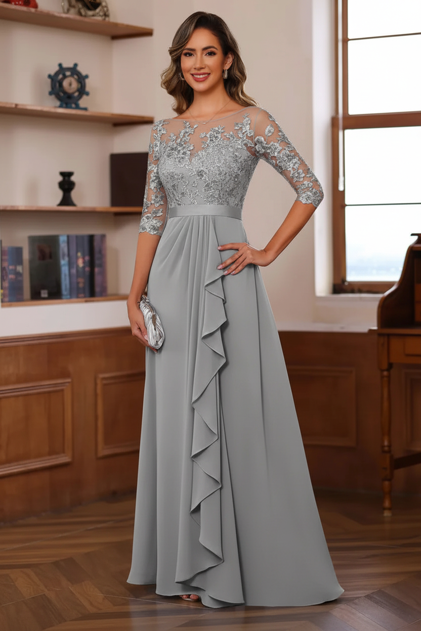 A-Line/Princess Jewel Neck 3/4 Sleeves Floor-Length Pleated Mother of the Bride Dresses with Ruffles & Appliques & Sash