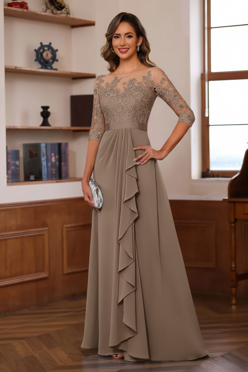A-Line/Princess Jewel Neck 3/4 Sleeves Floor-Length Pleated Mother of the Bride Dresses with Ruffles & Appliques & Sash