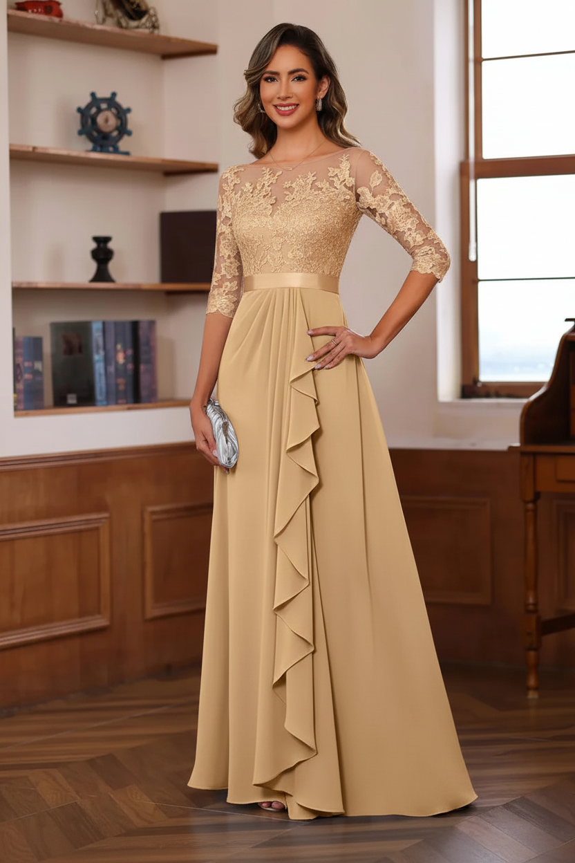 A-Line/Princess Jewel Neck 3/4 Sleeves Floor-Length Pleated Mother of the Bride Dresses with Ruffles & Appliques & Sash