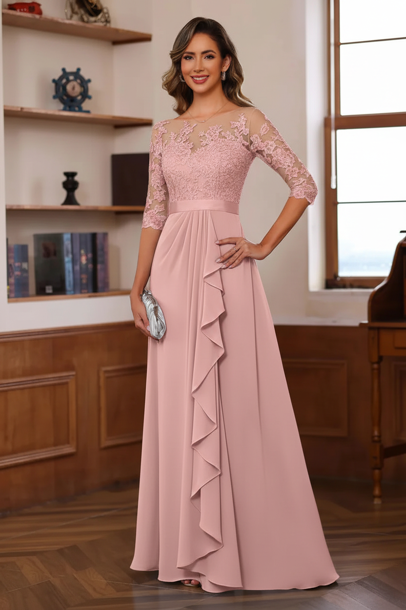 A-Line/Princess Jewel Neck 3/4 Sleeves Floor-Length Pleated Mother of the Bride Dresses with Ruffles & Appliques & Sash