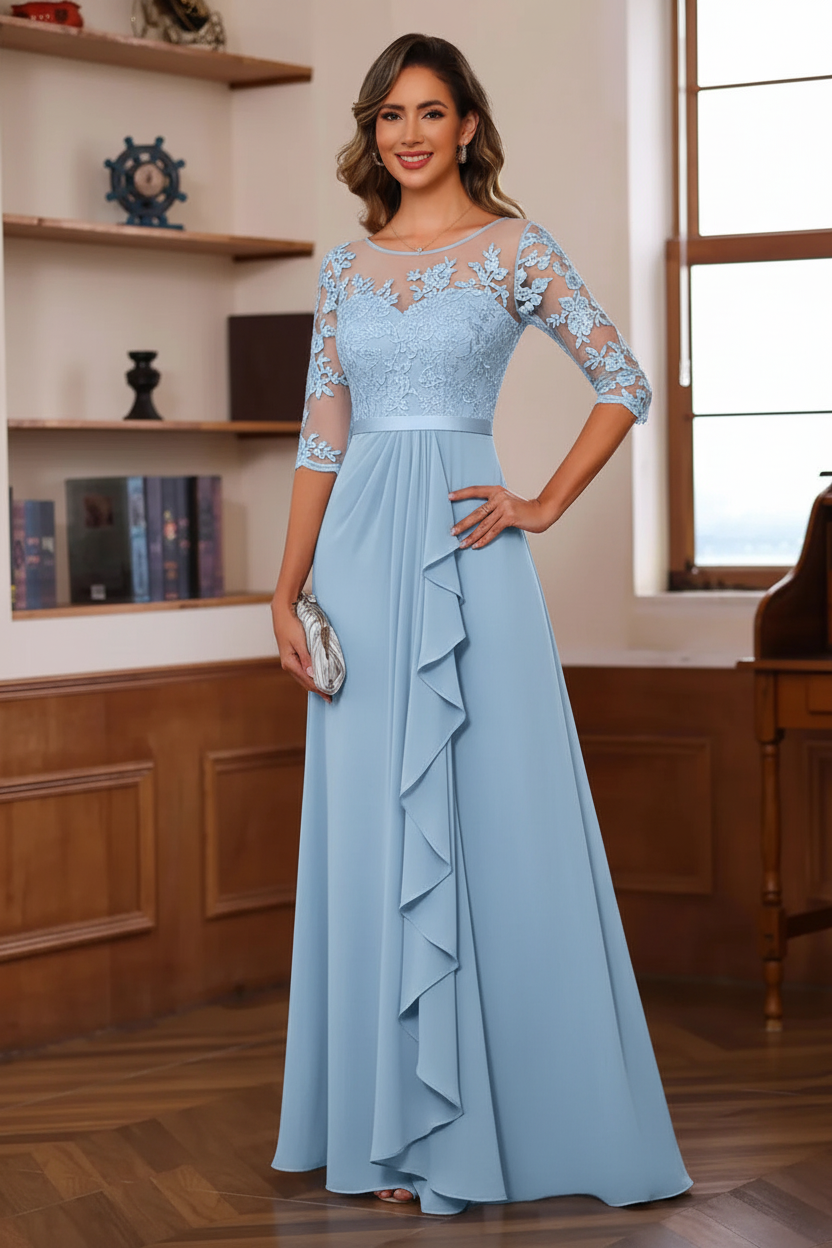 A-Line/Princess Jewel Neck 3/4 Sleeves Floor-Length Pleated Mother of the Bride Dresses with Ruffles & Appliques & Sash