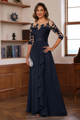 A-Line/Princess Jewel Neck 3/4 Sleeves Floor-Length Pleated Mother of the Bride Dresses with Ruffles & Appliques & Sash