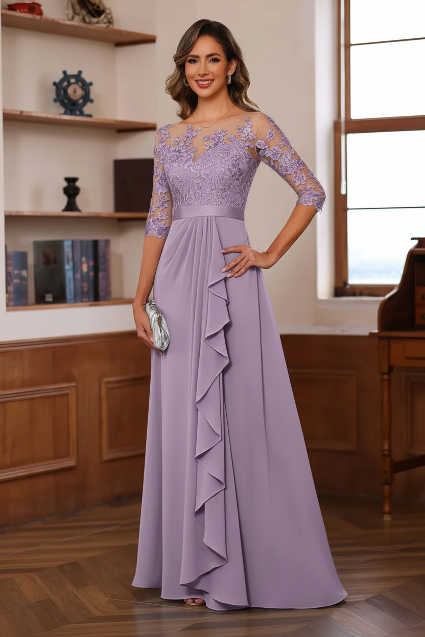 A-Line/Princess Jewel Neck 3/4 Sleeves Floor-Length Pleated Mother of the Bride Dresses with Ruffles & Appliques & Sash