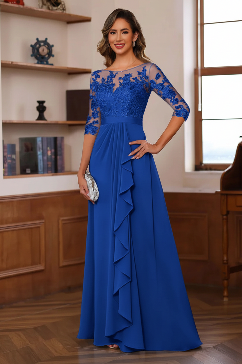 A-Line/Princess Jewel Neck 3/4 Sleeves Floor-Length Pleated Mother of the Bride Dresses with Ruffles & Appliques & Sash
