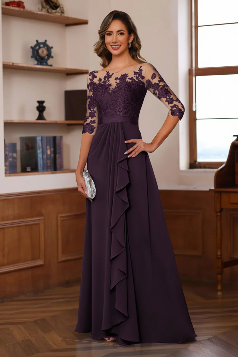 A-Line/Princess Jewel Neck 3/4 Sleeves Floor-Length Pleated Mother of the Bride Dresses with Ruffles & Appliques & Sash