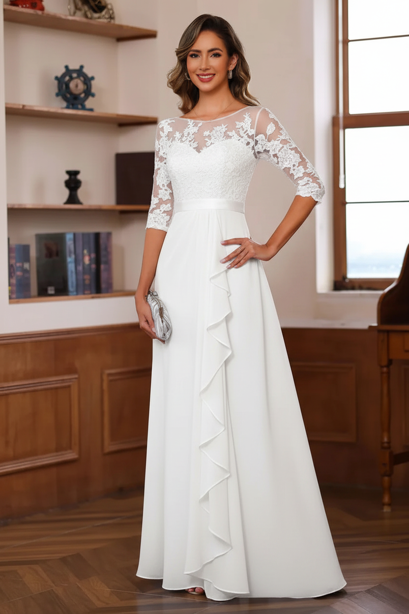 A-Line/Princess Jewel Neck 3/4 Sleeves Floor-Length Pleated Mother of the Bride Dresses with Ruffles & Appliques & Sash