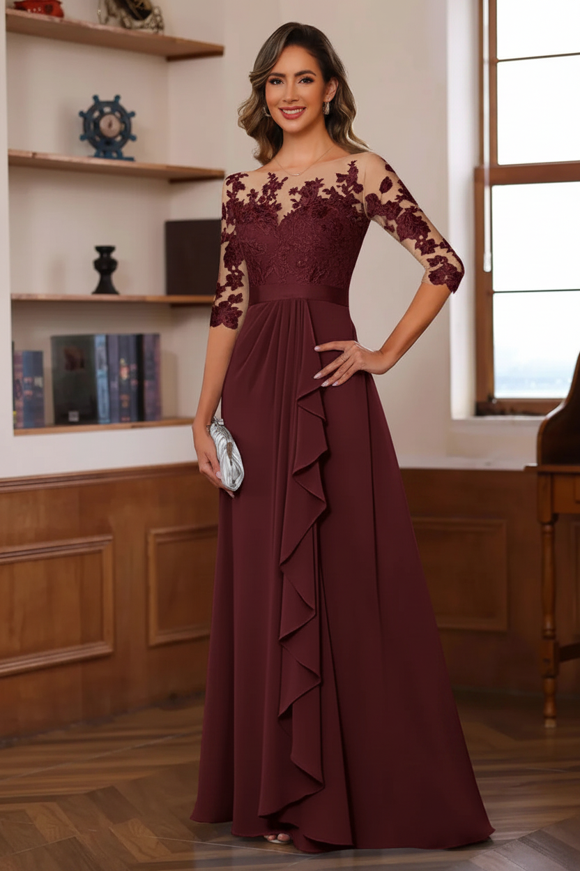 A-Line/Princess Jewel Neck 3/4 Sleeves Floor-Length Pleated Mother of the Bride Dresses with Ruffles & Appliques & Sash