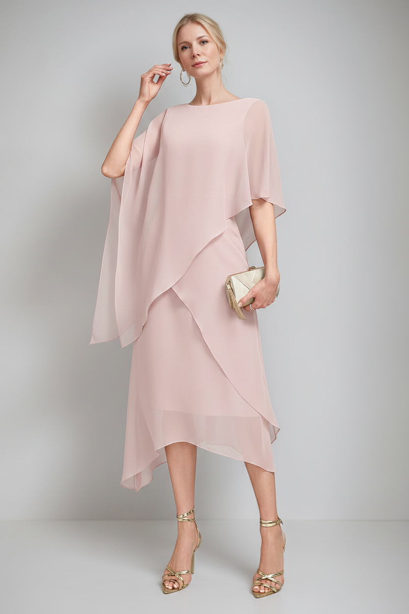 A-Line/Princess Jewel Neck Cape Sleeves Asymmetrical Mother of the Bride Dresses