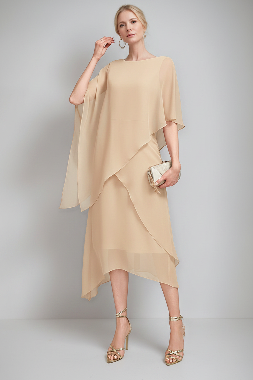A-Line/Princess Jewel Neck Cape Sleeves Asymmetrical Mother of the Bride Dresses