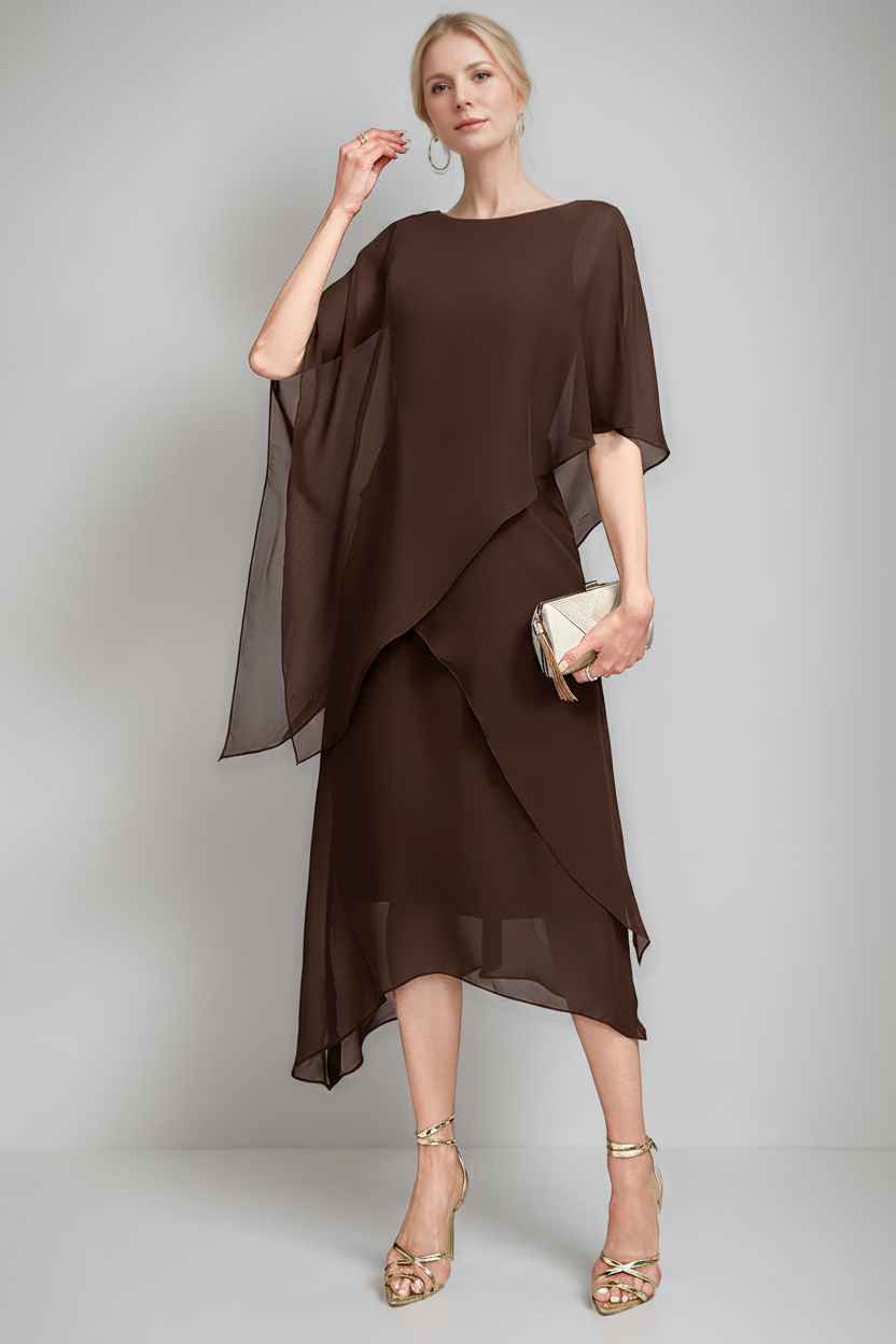 A-Line/Princess Jewel Neck Cape Sleeves Asymmetrical Mother of the Bride Dresses