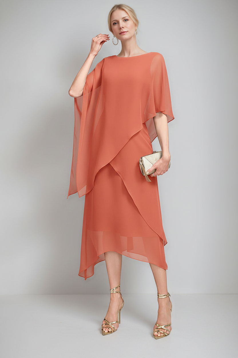 A-Line/Princess Jewel Neck Cape Sleeves Asymmetrical Mother of the Bride Dresses